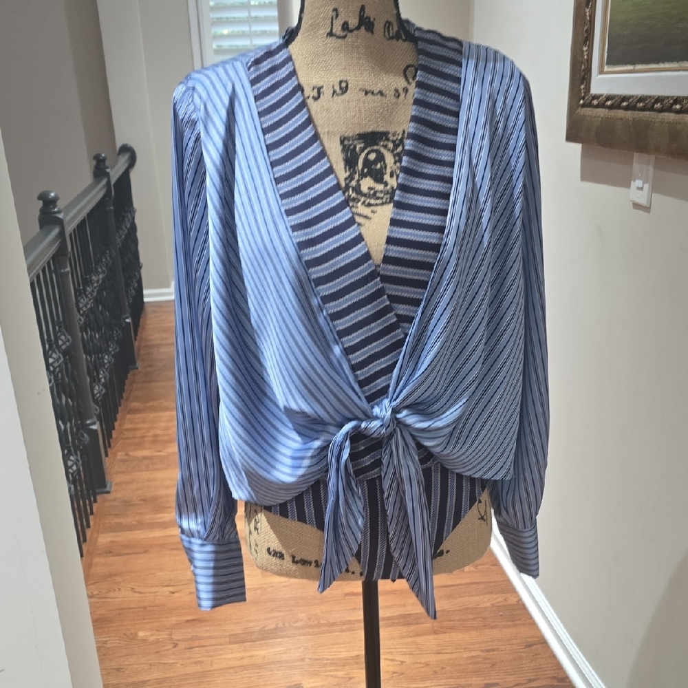Zara Blue Striped Tie-Front Blouse
